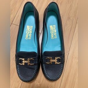 Salvatore Ferragamo Black Leather Flats/ Loafer with Gold Hardware